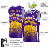 Custom Purple Gold-White Mountain Peak Shards Side Panel Stripe Round Neck Sublimation Basketball Set Jersey