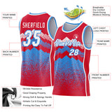 Custom Red White-Powder Blue Mountain Peak Shards Side Panel Stripe Round Neck Sublimation Basketball Set Jersey