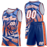 Custom Royal White-Orange Lightning Gradient Dot Side Panel Stripe Round Neck Sublimation Basketball Set Jersey