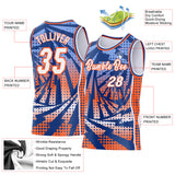 Custom Royal White-Orange Lightning Gradient Dot Side Panel Stripe Round Neck Sublimation Basketball Set Jersey