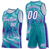 Custom Teal White-Purple Lightning Gradient Dot Side Panel Stripe Round Neck Sublimation Basketball Set Jersey