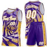Custom Purple White-Gold Lightning Gradient Dot Side Panel Stripe Round Neck Sublimation Basketball Set Jersey