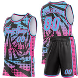 Custom Sky Blue Black-Pink Lightning Gradient Dot Side Panel Stripe Round Neck Sublimation Basketball Set Jersey