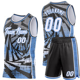 Custom Black White-Light Blue Lightning Gradient Dot Side Panel Stripe Round Neck Sublimation Basketball Set Jersey