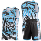 Custom Sky Blue Black-White Lightning Gradient Dot Side Panel Stripe Round Neck Sublimation Basketball Set Jersey