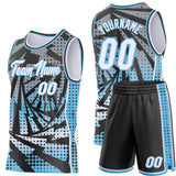 Custom Sky Blue White-Black Lightning Gradient Dot Side Panel Stripe Round Neck Sublimation Basketball Set Jersey