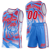 Custom Powder Blue Red-White Lightning Gradient Dot Side Panel Stripe Round Neck Sublimation Basketball Set Jersey