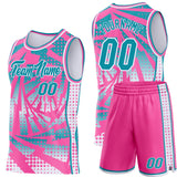 Custom Pink Teal-White Lightning Gradient Dot Side Panel Stripe Round Neck Sublimation Basketball Set Jersey