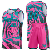 Custom Pink Teal-Black Lightning Gradient Dot Side Panel Stripe Round Neck Sublimation Basketball Set Jersey