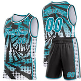 Custom Teal Black-White Lightning Gradient Dot Side Panel Stripe Round Neck Sublimation Basketball Set Jersey