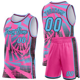 Custom Pink Sky Blue-Black Lightning Gradient Dot Side Panel Stripe Round Neck Sublimation Basketball Set Jersey
