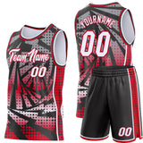 Custom Black White-Red Lightning Gradient Dot Side Panel Stripe Round Neck Sublimation Basketball Set Jersey