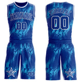 Custom Blue Royal-White Star Fluid Round Neck Sublimation Basketball Uniform Jersey