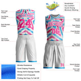 Custom White Pink-Sky Blue Geometric Stripe Star Color Block Round Neck Sublimation Basketball Uniform Jersey