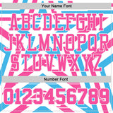 Custom White Pink-Sky Blue Geometric Stripe Star Color Block Round Neck Sublimation Basketball Uniform Jersey