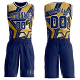 Custom Navy Old Gold-White Geometric Star Texture Round Neck Sublimation Basketball Uniform Jersey