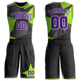 Custom Black Purple White-Neon Green Stripe Star Color Block Round Neck Sublimation Basketball Uniform Jersey