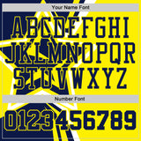 Custom Navy-Light Yellow Geometric Stripe Star Color Block Round Neck Sublimation Basketball Uniform Jersey