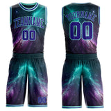 Custom Blue Dark Purple-Ice Blue Nebula Starry Aurora Galaxy Space Round Neck Sublimation Basketball Uniform Jersey