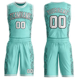 Custom Ice Blue White-Black Geometric Hexagon Line Net Round Neck Sublimation Basketball Uniform Jersey