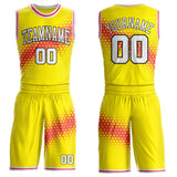 Custom Light Yellow White Neon Pink-Black Geometric Triangle Gradient Round Neck Sublimation Basketball Uniform Jersey