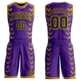 Custom Purple Black-Yellow Geometric Chevron Pattern Round Neck Sublimation Basketball Uniform Jersey