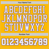Custom Gold White-Purple Geometric Chevron Pattern Round Neck Sublimation Basketball Uniform Jersey