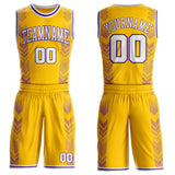 Custom Gold White-Purple Geometric Chevron Pattern Round Neck Sublimation Basketball Uniform Jersey