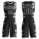 Custom Black Gray-White Geometric Diamond Grid Round Neck Sublimation Basketball Uniform Jersey