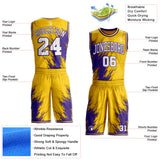 Custom Yellow White-Purple Brush Stroke Geometric Round Neck Sublimation Basketball Uniform Jersey