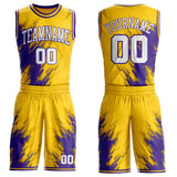 Custom Yellow White-Purple Brush Stroke Geometric Round Neck Sublimation Basketball Uniform Jersey