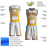 Custom White Yellow Lakes Blue-Purple Geometric Stripe Round Neck Sublimation Basketball Uniform Jersey