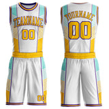 Custom White Yellow Lakes Blue-Purple Geometric Stripe Round Neck Sublimation Basketball Uniform Jersey
