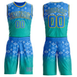 Custom Powder Blue Aqua-Gold Floral Texture Gradient Round Neck Sublimation Basketball Uniform Jersey