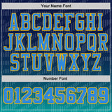 Custom Navy Powder Blue Aqua-Gold Stripe Gradient Round Neck Sublimation Basketball Uniform Jersey