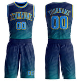 Custom Navy Powder Blue Aqua-Gold Stripe Gradient Round Neck Sublimation Basketball Uniform Jersey