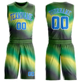 Custom Green Powder Blue Yellow-White Gradient Wave Texture Round Neck Sublimation Basketball Uniform Jersey