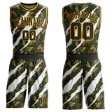 Custom Camo Black-Gold Woodland Camouflage Claw Scratch Round Neck Sublimation Salute To Service Basketball Uniform Jersey