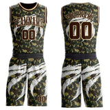Custom Camo Brown-Cream Woodland Camouflage Claw Scratch Round Neck Sublimation Salute To Service Basketball Uniform Jersey