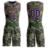 Custom Camo Dark Purple-Gold Woodland Camouflage Barbed Wire Round Neck Sublimation Salute To Service Basketball Uniform Jersey