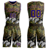 Custom Camo Dark Purple-Gold Digital Camouflage Monster Claw Round Neck Sublimation Salute To Service Basketball Uniform Jersey