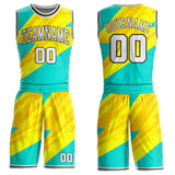 Custom Ice Blue White Yellow-Black Lightning Diagonal Brush Round Neck Sublimation Basketball Uniform Jersey