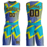 Custom Blue Black-Gold Vibrant Lightning Stripe Round Neck Sublimation Basketball Uniform Jersey