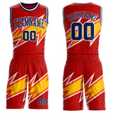 Custom Red Navy Yellow-White Vibrant Lightning Stripe Round Neck Sublimation Basketball Uniform Jersey