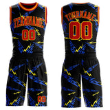 Custom Black Red Blue-Gold Vibrant Lightning Round Neck Sublimation Basketball Uniform Jersey