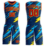 Custom Blue Red-Gold Abstract Lightning Round Neck Sublimation Basketball Uniform Jersey