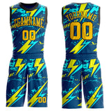 Custom Blue Yellow-Black Lightning Round Neck Sublimation Basketball Uniform Jersey