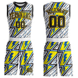 Custom White Black Blue-Yellow Geometric Lightning Round Neck Sublimation Basketball Uniform Jersey
