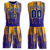 Custom Dark Purple Navy Gold-White Grunge Paint Round Neck Sublimation Basketball Uniform Jersey