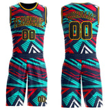 Custom Blue Black Red-Gold Geometric Abstract Triangle Round Neck Sublimation Basketball Uniform Jersey